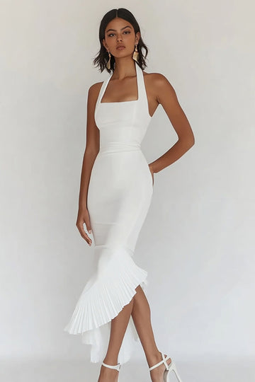 Robe de soirée plissée sirène dos nu blanche